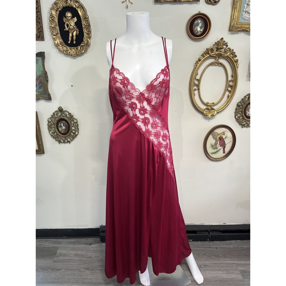 Vintage Berry Red Satin Lace Trim Asymmetric Slit Maxi Slip Dress